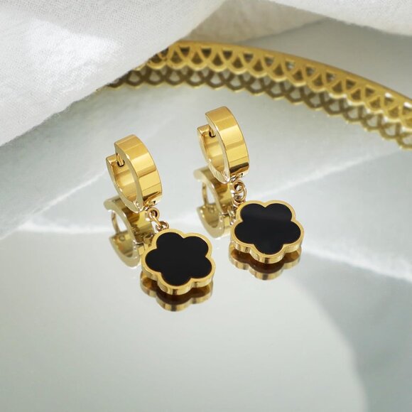 Women's 18K Gold-Plated Zircon Earrings Hoop Dangle Clover Earring Golden Black - Picture 7 of 7